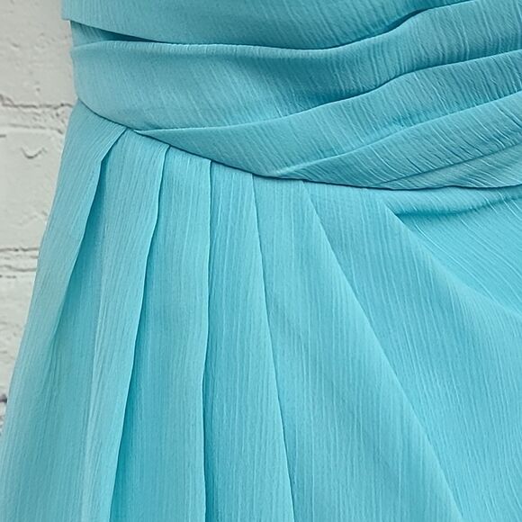 David's Bridal Aqua Crinkle Chiffon One Shoulder Short Bridesmaid Prom Dress 6 - Picture 8 of 14